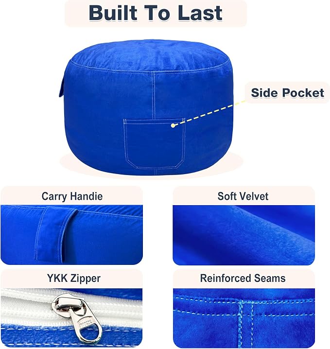 Lukeight Stuffed Animals Storage Bean Bag Chair Cover for Kids, Cozy Velvet Plush Toy Organizer Seat, Cover Only, No Filling Included, Long YKK Zipper, Side Pocket, X-Large 30 x 18 in