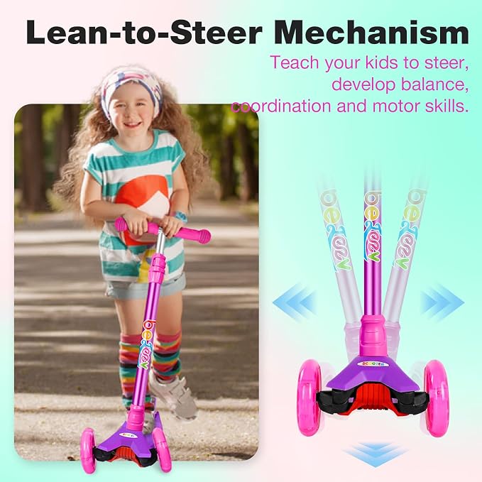 BELEEV Scooters for Kids 3 Wheel Kick Scooter for Toddlers Girls Boys, 4 Adjustable Height, Lean to Steer, Light up Wheels, Extra-Wide Deck, Easy to Assemble for Children Ages 3-12