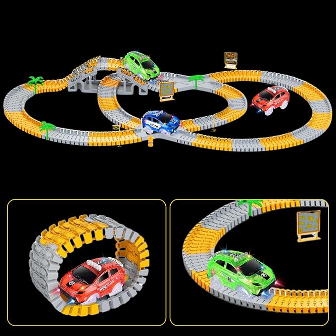 Tracks Cars Only Replacement, Flex Track Race Cars Glow in the Dark, Lights Up Glow Trax Trucks with 5 LED Flashing Light Compatible with Most Tracks for Kids(Red/Blue/Green)
