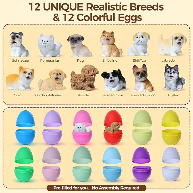 12Pcs Pre-filled Easter Eggs with Realistic Dog Figures - 2.36" Colorful Eggs & Solid Resin Puppy Toys - Hand-Painted Eyes & Mouth - Includes Golden Retriever, French Bulldog, Schnauzer & Corgi