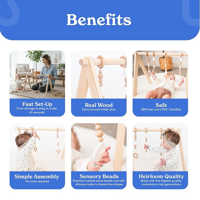 Poppyseed Play Wooden Baby Play Gym | Montessori-Inspired Activity Center with 4 Hanging Toys | Natural Wood & Silicone | Ideal for Tummy Time, Sensory Play & Motor Skill Growth | 0-12 Months