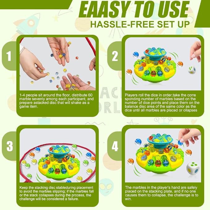 Wobble Marble Stack Balance Game with 60 Glass Marbles for Kids | 3 Tier Base & Dice & String, Built-in Storage, 1-4 Players Age 6+, Perfect Board Game for Family Game Night