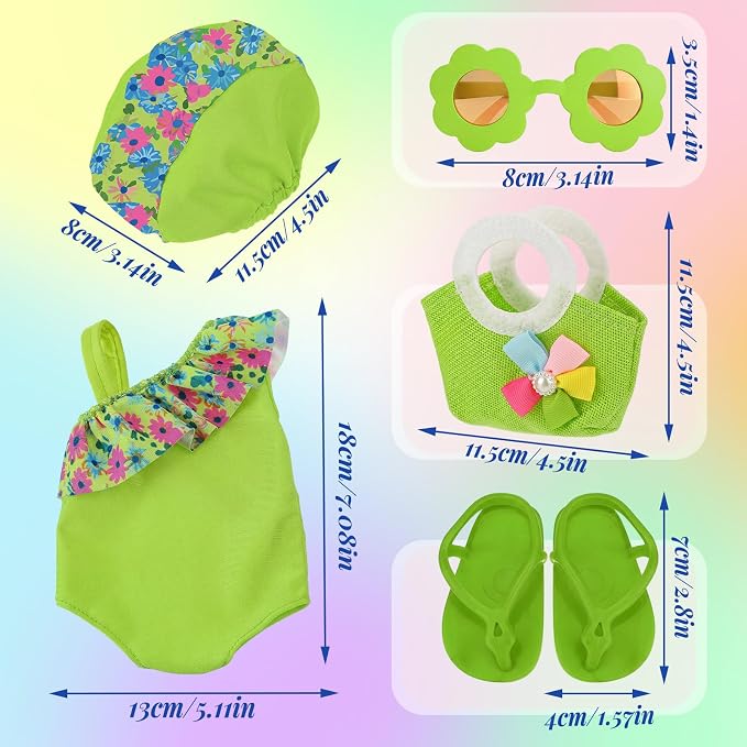 Kajaia 8 Pcs Green 18 Inch Doll Clothes and Accessories Doll Swimsuit Dress Flip Flops Hat Outfit Swimsuit Accessories