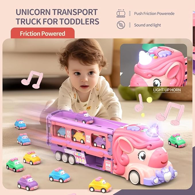 Girls Toy Cars Set Unicorn Toys Truck - 8 Princess Cars Set & 2-Player Fold Out Track with Light & Sound - Monster Catapult Race Tracks Best Birthday Gifts for Age 3 Year Old Toddler Kids 3-5