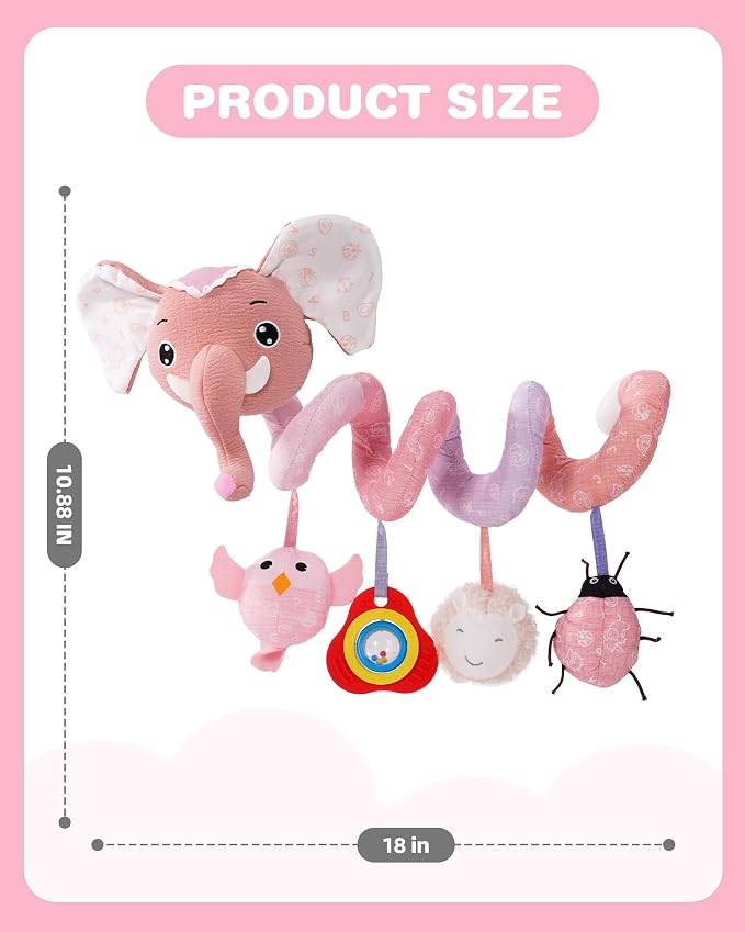 Jollybaby Crib Stroller Car Seat Toys for Baby 0-3-6-9-12 Months, Tummy Time Hanging Sensory Toys for Newborn with Music Box and Teether, Spiral Carseat Toy for Boys Girls Gifts (11-Sz Pink Elephant)
