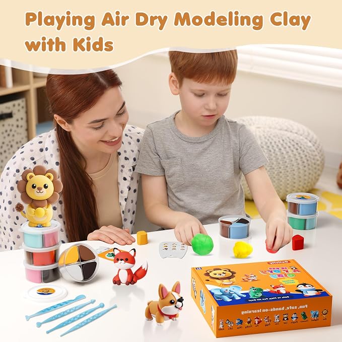 Air Dry Clay Kit for Kids, 12 Animal Crafts Modeling Clay Model Magic, Clay Kits with Sculpting Tools & Tutorials, Safe & Non-Stick DIY Art Crafts, Toys Gift for Ages 3-12 Boys & Girls