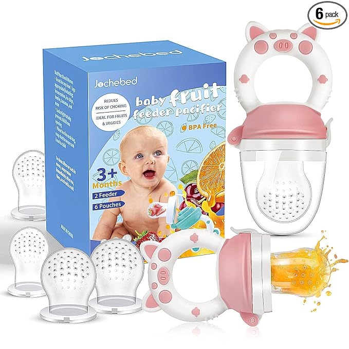 Baby Fruit Food Feeder Pacifier - Fresh Teething Pacifiers, Infant Fruit Teething Teether Toy for 3-24 Months, 6 Pcs Silicone Pouches for Toddlers & Kids & Babies, Piggy Handle 2-Pack (Pink)