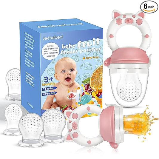 Baby Fruit Food Feeder Pacifier - Fresh Teething Pacifiers, Infant Fruit Teething Teether Toy for 3-24 Months, 6 Pcs Silicone Pouches for Toddlers & Kids & Babies, Piggy Handle 2-Pack (Pink)