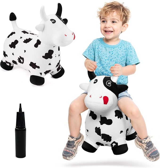 Bouncy Hopper Horse Cow Toys, Inflatable Bouncing Animal Hopping Toys, Outdoor Indoor Ride on Bouncer, Boys Girls Birthday Gift for 18 Month 2 3 4 5 6 Year Old Kid- Plush Cow Toy