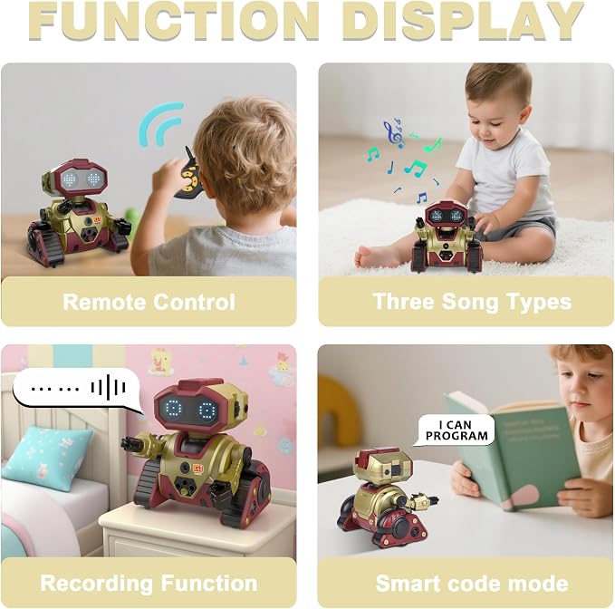 BYTEWAR Interactive Smart Robot Toys, Rechargeable Remote Control Emo Robot with Learning Gesture Sensing, Auto-Demonstration, Music and Dance, Shining LED Eyes, Birthday Gift for Kids(Gold)
