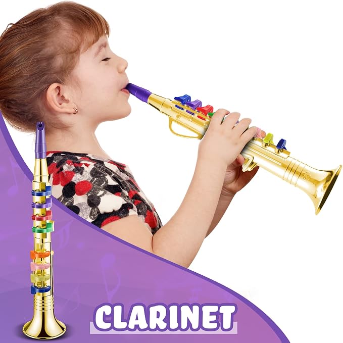 3 Pcs Kids Instruments Musical Toy Saxophone Trumpet Clarinet with 8 Color Coded Keys Educational Teaching Songs Gifts for Boys Girls Children Toddler Beginner Birthday Concert Party(Gold)