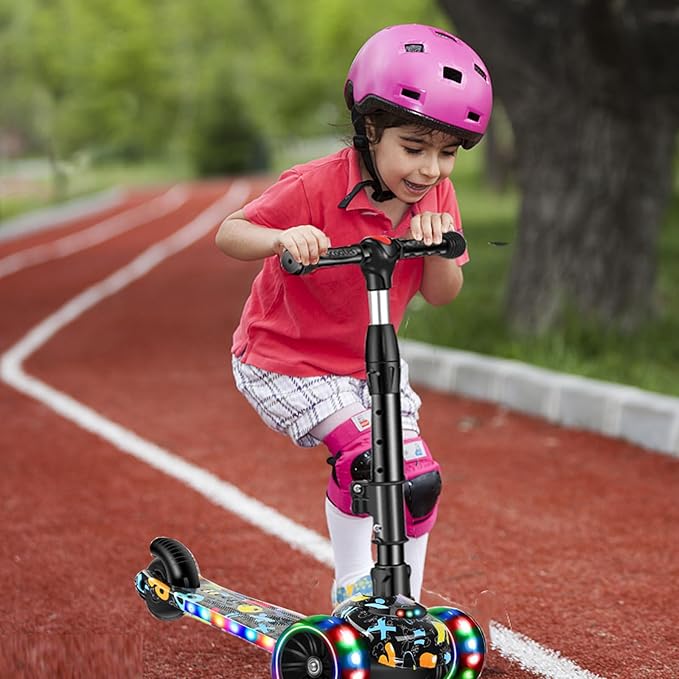 2-in-1 Kick Scooter for Kids Ages 3-8, Adjustable Height Foldable Scooter Removable Seat, 3 LED Light Wheels, Outdoor Activities for Toddlers Boys Girls