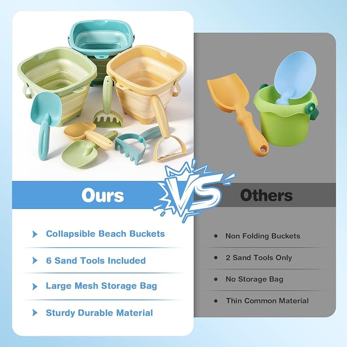 Dreamon Beach Toys, 3 Pack Collapsible Sand Buckets for Kids, Shovels & Rakes Set with Mesh Bag, Kids Beach Essentials Sandcastle Building Kit for Beach Trip Outdoor Play and Summer Fun