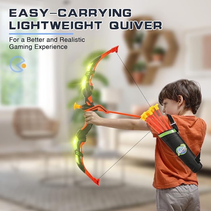 Bow and Arrow Set for Kids, 2 Pack LED Light Up Archery Set with 20 Suction Cup Arrows, Indoor and Outdoor Toy for Boys Girls Age 4-8 8-12 with Standing Target&2 Quivers, Birthday Gift 3-12 Years Old