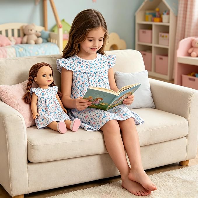 AmzBarley Matching Doll & Girl Pajamas Girls Nightgowns Sleepwear Night Dress for Kids and 18 inch Doll Clothes