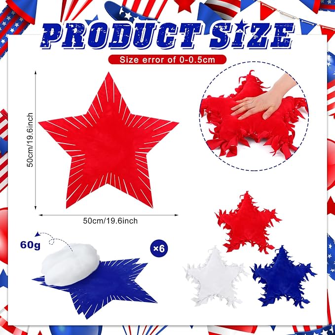 Weysat 6 Sets Patriotic Star Fleece Tied DIY Pillow Craft Kits Independence Day USA 4th of July Red White Blue 250th Fleece Tied Pillow Craft for Fourth of July Memorial Day Party Favor