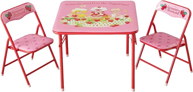 Idea Nuova 3-Piece Furniture Set with 1 Square Table & 2 Folding Chairs for Kids, Strawberry Shortcake