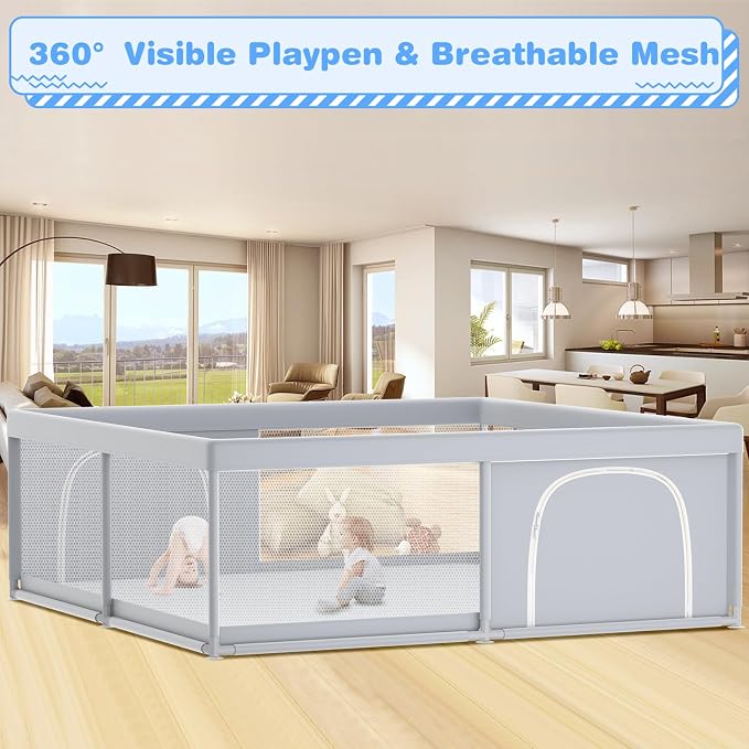 XVISHX Baby Playpen, 79 x 79 Inch Play Pen, Playpen for Babies and Toddlers, Baby Playard for Indoor & Outdoor Active Center Game Fence, with Skin-Friendly Fabric and Soft Breathable Mesh Grey