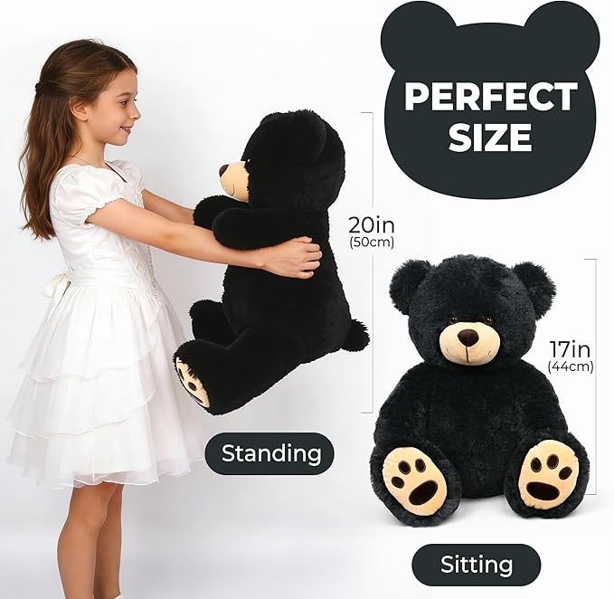 LotFancy Teddy Bear Stuffed Animals, 20 inch Soft Cuddly Cute Plushies, Plush Toys with Footprint Design, Stuffed Animals for Girls Kids Baby Toddlers, Baby Shower Easter Birthday Gift Decor, Black