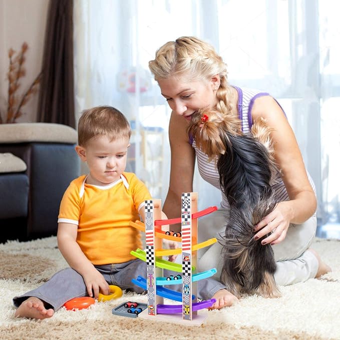 WOOD CITY Toddler Toys for 1 2 3 Years Old, Wooden Car Ramp Racer Toy Vehicle Set with 7 Mini Cars & Race Tracks, Montessori Toys Craft Gift for Toddlers Boys and Girls