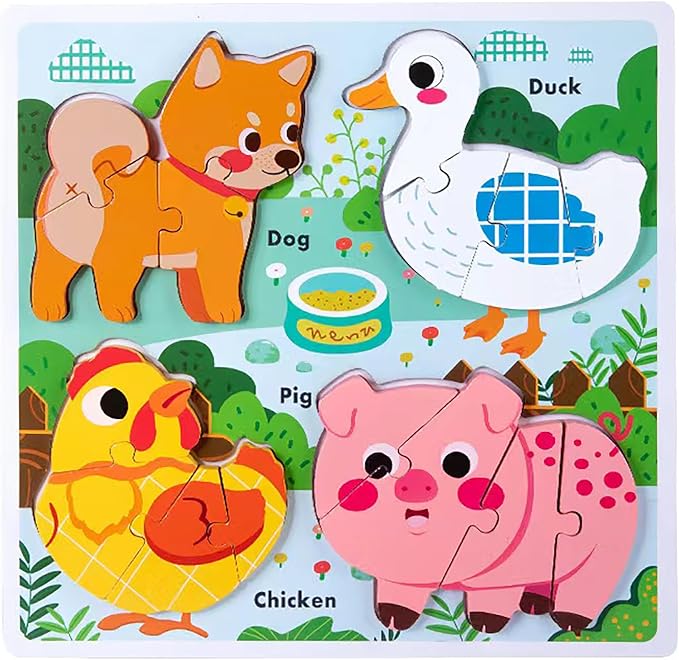 Learning Farm Animal Jigsaw Puzzles for Toddlers, Gifts for 2 3 Years Old Girls Boys,Wooden Montessori Puzzle 2-4, Toddler Toys Educational Toys Kids Ages 1-3