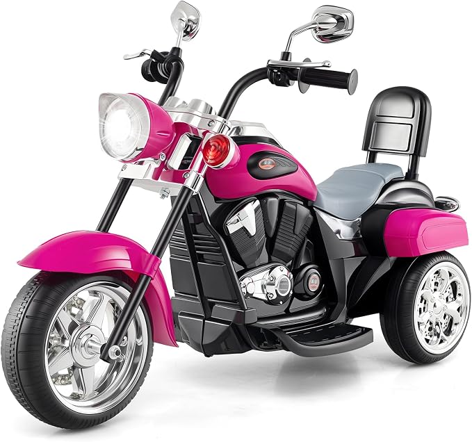 Costzon Kids Motorcycle, 6V Battery Powered Ride on Chopper Motorcycle w/Horn, Headlight, 3-Wheel Stable Ride on Toys, Electric Toddler Motorcycle for Kids, Gift for Boys Girls (Rose Red)