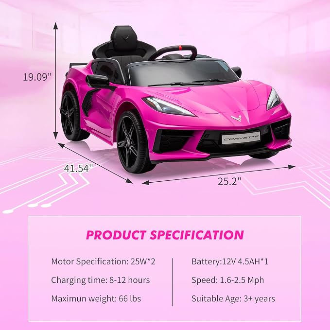 Garvee 12V Kids Ride on Car Licensed Corvette Toddlers Electric Sports Car Ride on Toy with Remote Control, Visual Dashboard, LED Lights, Music for Boys & Girls, Rose Red