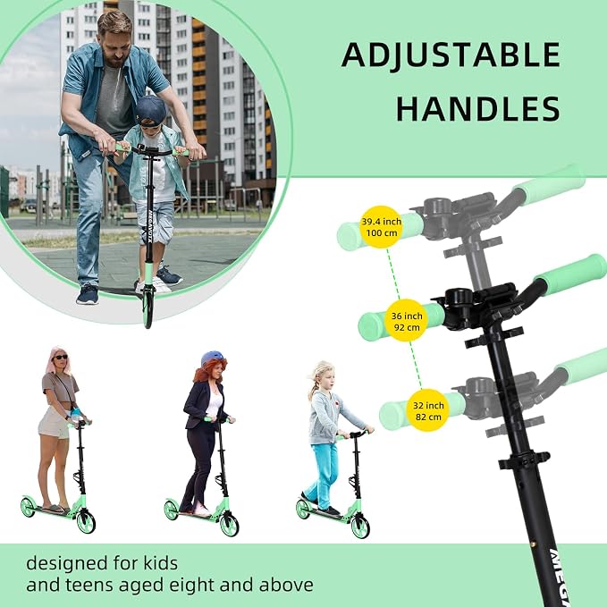 Foldable Kick Scooter for Kids Ages 6-12, Teens & Adults. Non-Electric Scooter with Big Wheels, Adjustable Height, Rear Foot Brake. Lightweight Design for Daily Commute & Outdoor Riding