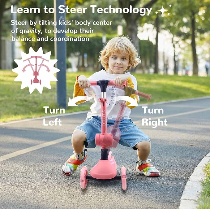 Stompa Kids Scooter 2-in-1 Light Up 3 Wheel Scooters with 4 Levels Adjustable Handlebar, Foldable Seat, Widen Non-Slip Deck for Girls & Boys Max 110 Lbs