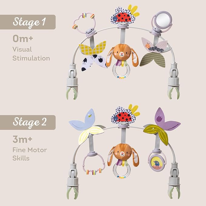 Taf Toys Baby Stroller Arch Toy, Car Seat Toys, Adjustable Arch Stroller Toy with 6 Hanging Sensory Activity Toys, Fits on Baby Bouncer, Bassinet, Crib, Infant Toy Bar Boy Girl 0-18 Months