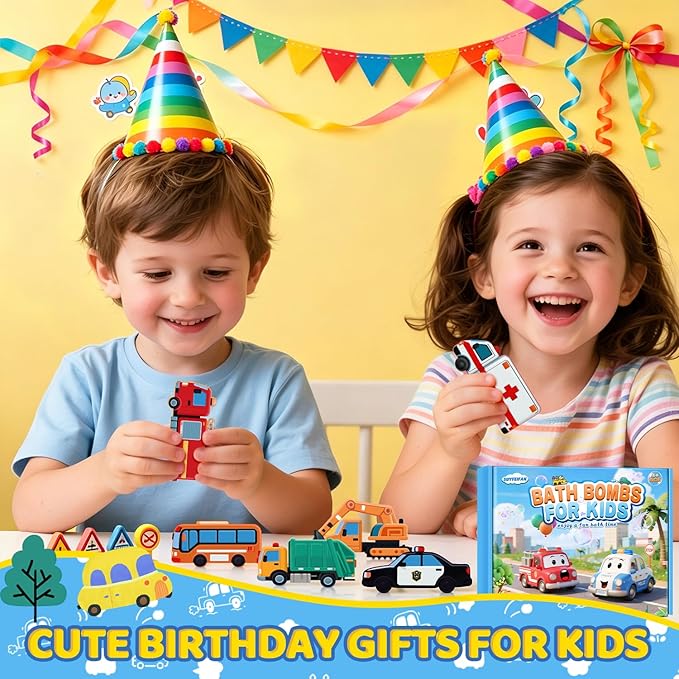 Bath Bombs for Kids, STEM Gifts for Boys Girls Ages 3-12, Handcrafted Car 6 Pack Natural Organic Bubble Bath Bomb Toys, Shaped Like Excavators, Police Car, School Buses, Fire Trucks