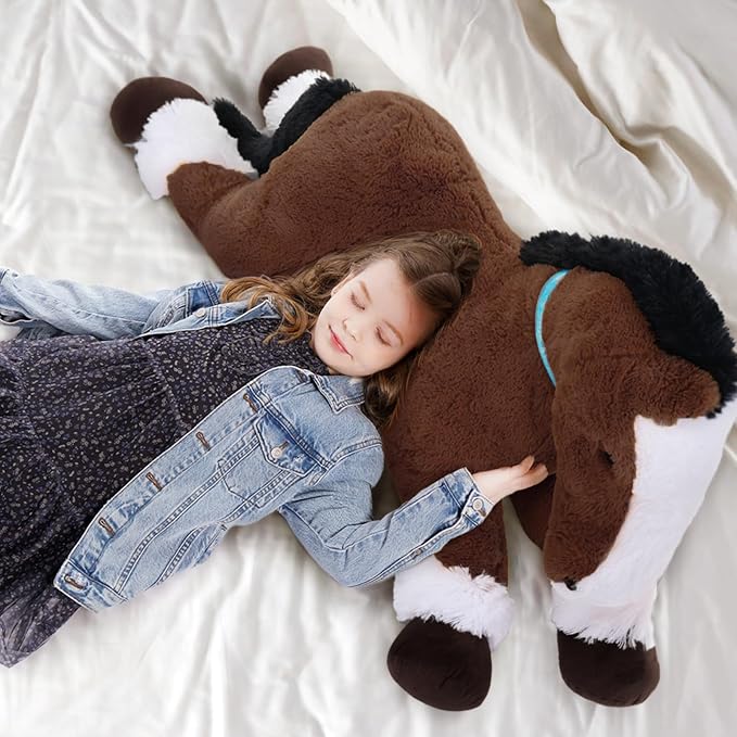 Tezituor 4ft Realistic Giant Horse Stuffed Animals, 47 inch Chocolate Large Stuffed Horse Farm Plush Toy, Hugging Soft Pony Plush Body Pillow for Boys Girls Christmas Birthday