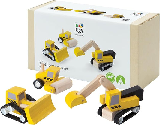 PlanToys® Road Construction Set Wooden Montessori Imaginative and Fine Motor Play Toy | Coordination, Creativity and Social Skill Building Activity | Eco Friendly Vehicle Set for Open Ended Play