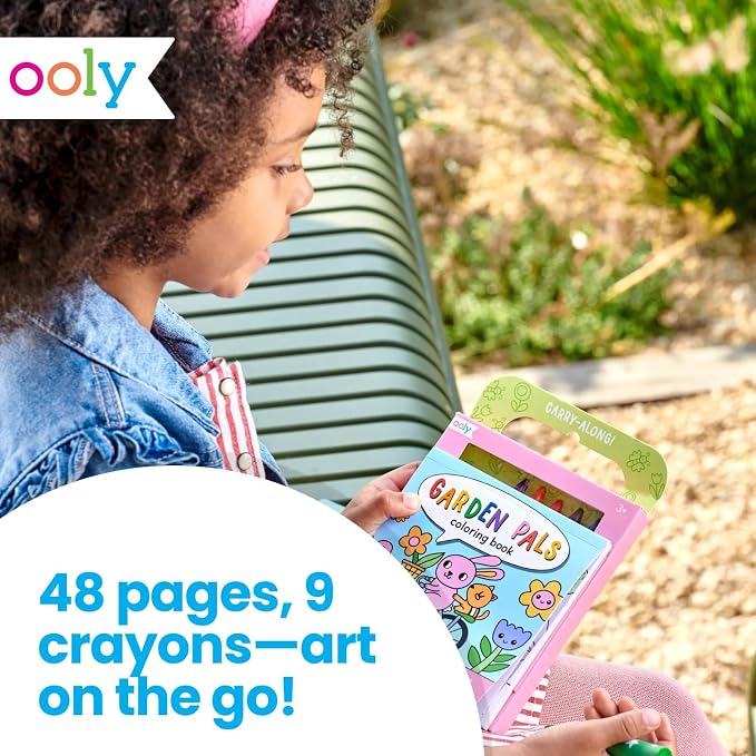 Ooly Kids Travel Activity Kit – 9 Jumbo Crayons & 48 Coloring Pages, Car Crafts for Kids, Mess-Free Road Trip Art Set, Airplane Activities – Garden Pals