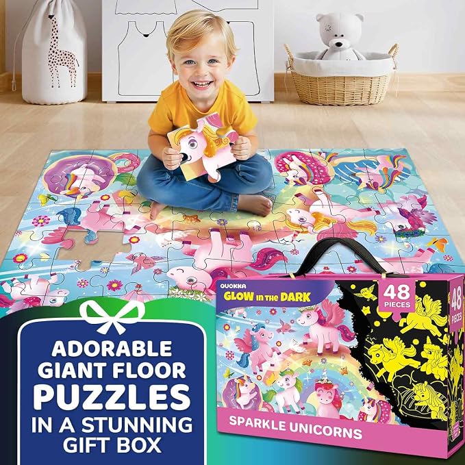 QUOKKA Giant Floor Puzzles for Kids Ages 4-6 – 2x3 Ft Glow in the Dark Jumbo Jigsaw Puzzles for Kids Ages 3-5 – 48 Large Pieces Magic Fantasy Unicorn Scene for 4-8 yo – Toy with Gift Box for Toddlers