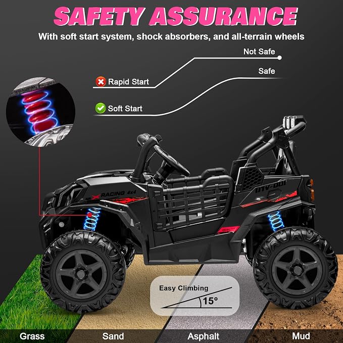 24V 2-Seater Ride On Car Truck w/4x200W, 20" Spacious Seat, 4WD/2WD Switchable, 5 Mph Max Speed, Rainbow Lights, Remote Control, Soft Start, Storage, Electric Car for Kids Ages 3-8, Black