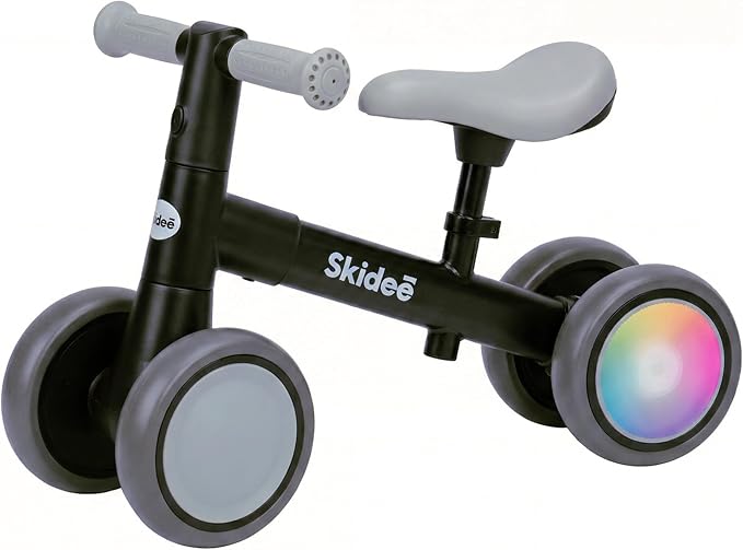 SKIDEE Toddler Balance Bike 1-3, 4-Wheel Balance Bike with Rare Light-Motion-Activated LED Wheels, Adjustable Height & Child Safe Steering, Lightweight Ride-On Toy Training Bike for Boys & Girls