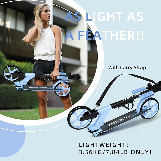 Foldable Kick Scooter for Kids Ages 6-12, Teens & Adults. Non-Electric Scooter with Big Wheels, Adjustable Height, Rear Foot Brake. Lightweight Design for Daily Commute & Outdoor Riding