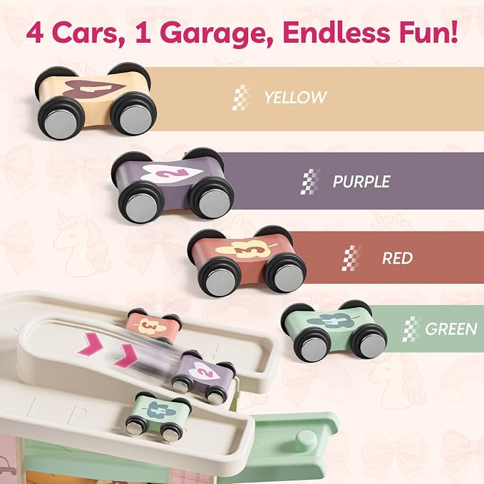 TOP BRIGHT Toddler Toys for 1 Year Old Girl Gifts, Wooden Car Ramp Race Track Set, Car Toys for Toddlers with 4 Cars and a Garage, Montessori Toys for 2 Year Old Girl, Birthday Gift for Age 18+ Month