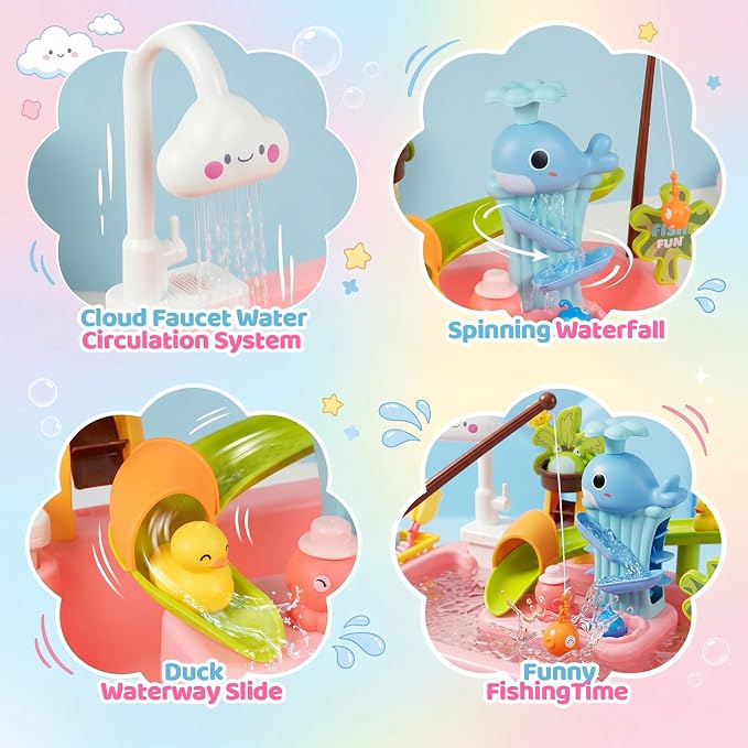 Upgraded Toddler Sand Water Table Toy with Electric Water Pump, 4-in-1 Kids Outdoor Play Center with Faucet Play Food Fishing Game, Kitchen Play Sink Toys for Boys Girls Age 3+ (Pink)