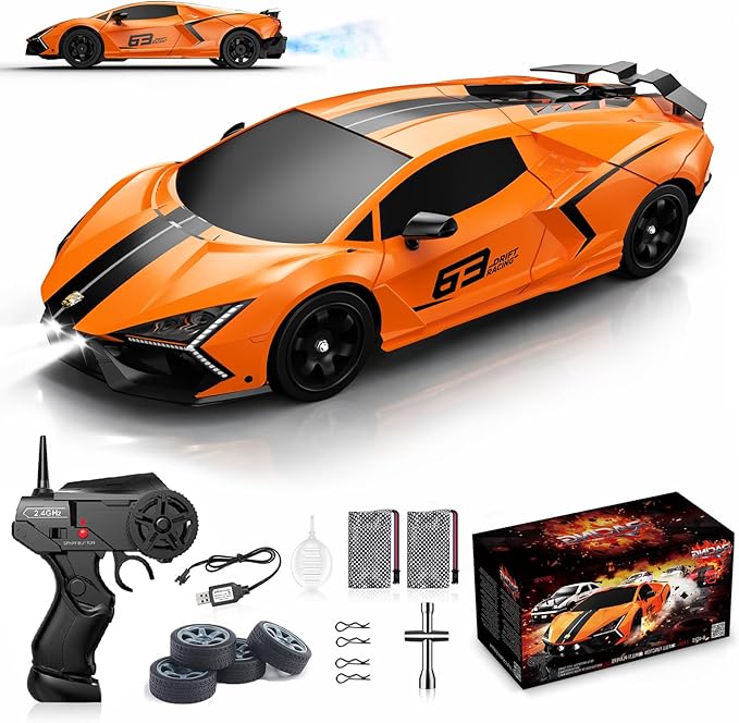 Remote Control Car RC Drift Car 1:16 Scale 4WD 18KM/H High Speed Model Vehicle 2.4GHz with LED Lights Spray Rubber Tire Racing Sport Toy for Adults Boys Girls Kids Gift 2Pcs Rechargeable Batteries