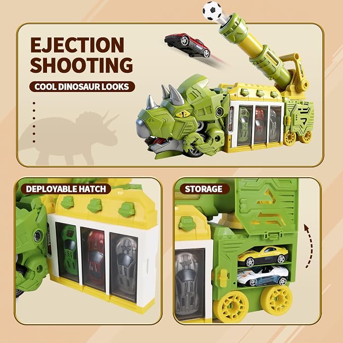 STBEIMEIMY Triceratops Truck Toy, Ejection Shooting Game with Storage & 10 Cars Dinosaur Shooting Truck with Foldable Pod, 10 Mini Cars & 12 Soft Balls, Develops Motor Skills & Coordination
