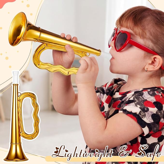 Lewtemi Gold Bugle Horn Musical Instruments Toy for Kid Toddler Fake Plastic Preschool Music Toy Gift Portable Wind Instrument Early Educational Teaching Songs Gifts for Toddlers Children