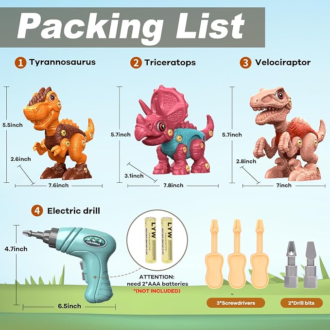 Laradola Assemble Dinosaur Toys for Kids: 3 Pack Dinosaur Construction Building Set with Electric Toy Drill & Screwdrivers - STEM Learning Hands-On Play Birthday Gift for Boys Girls Ages 3-5 5-7