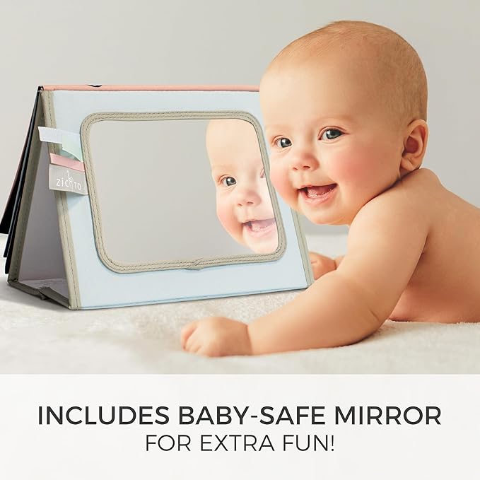 Soft Tummy Time Book w/ Large Stimulating Baby Safe Mirror - Fun High Contrast Montessori Toy w/ Mirror, Crinkle Filling & Silicone Teether - The Perfect Toy For Safe Early Newborn/Infant Development