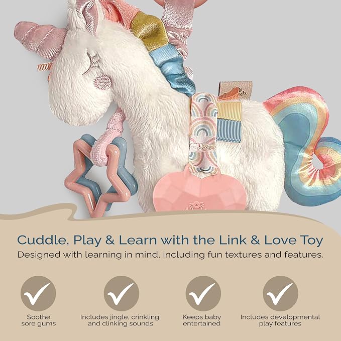 Itzy Ritzy Link & Love Toy for Stroller or Car Seat – Features Textured Ribbons, Crinkle Sounds, Clinking Rings & Silicone Teether – Designed For Ages 0 Months and Up (Unicorn)