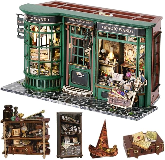 Lannso DIY Dollhouse Miniature Kit, Doll House Kit with Dust Proof Cover, Magic Wand Shop, Mini Handmade Wooden Dollhouse Toys for Adult Gift(F32)