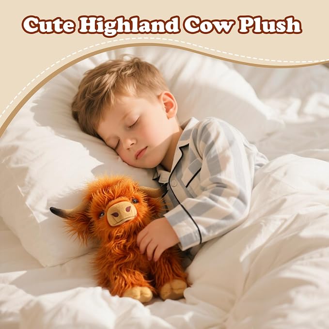 Highland Cow Stuffed Animal Toy, Adorable Highland Cow Plush, Scottish Cow Plush Toy, Farm Animal Cattle Plush Decor Gifts for Kids Baby Girls Boys (Brown Cow)