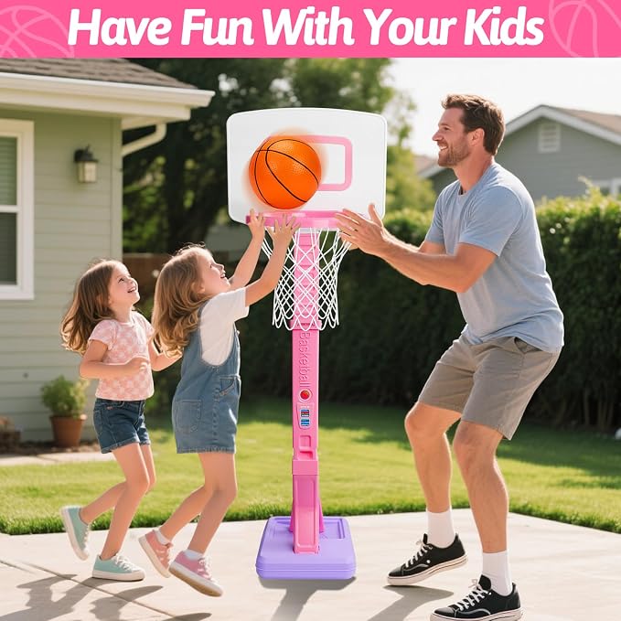 Basytodio Toddler Pink Basketball Hoop Indoor for Age 1-3, Adjustable Kids Basketball Hoop Goal, Mini Pool Outdoor Basketball Hoop with 3 Balls, Toddler Toys Age 1 2 3 4 Year Old Girls Birthday