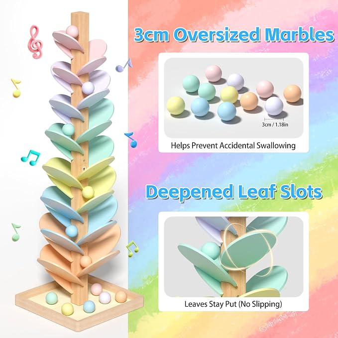 Wooden Marble Run Music Tree, Montessori Rainbow Singing Tree with 12 Extra-Large 3cm Balls, Color Sorting STEM Learning Toy, Wooden Ball Run Game Gift for Kids Ages 3+